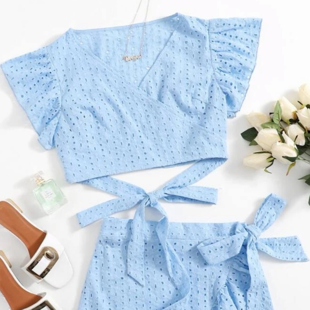 Wrap tie baby blue too and skirt.